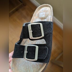 Muk Luks Black Suede Double-Buckle Slide with Decorative Insole Size 8